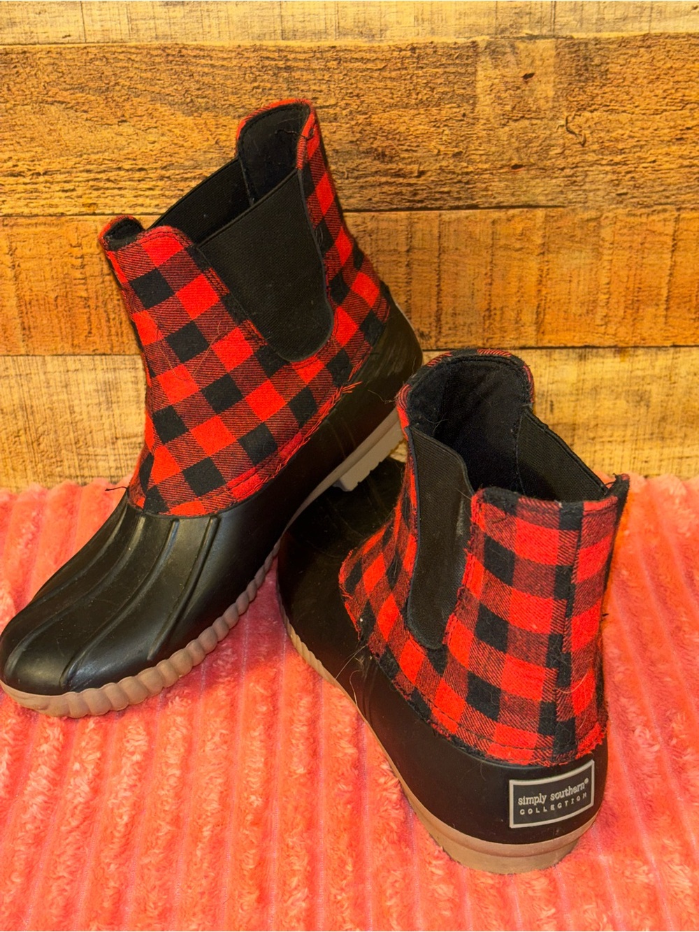 Simply Southern Collection Red Black Buffalo Plaid Duck Boots - Picture 3 of 6
